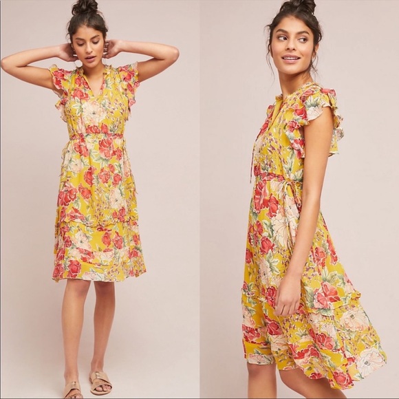 🆕Anthropologie Gold Floral Ruffled Dress NWT M rare 100% silk floral dress
